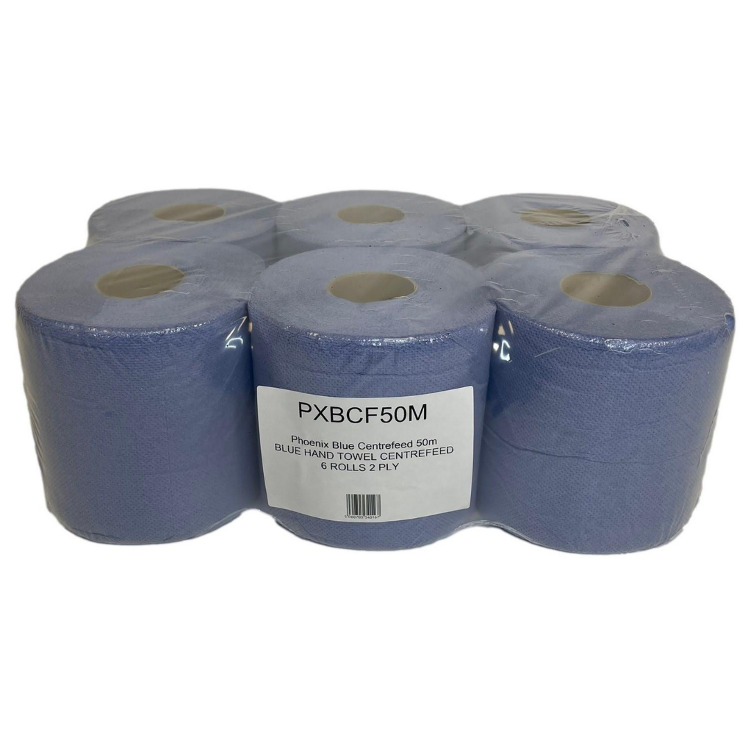 Phoenix 2-Ply Blue Centrefeed Roll | 18 Pack 50m (250 Sheets Per Roll)