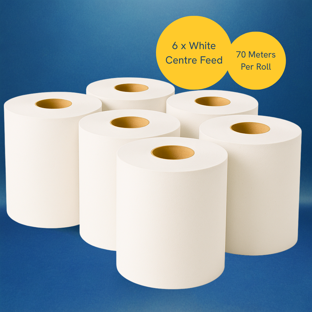 Phoenix 2-Ply White Centre Feed Paper Rolls | 6 Pack (70m, 400 Sheets per Roll)