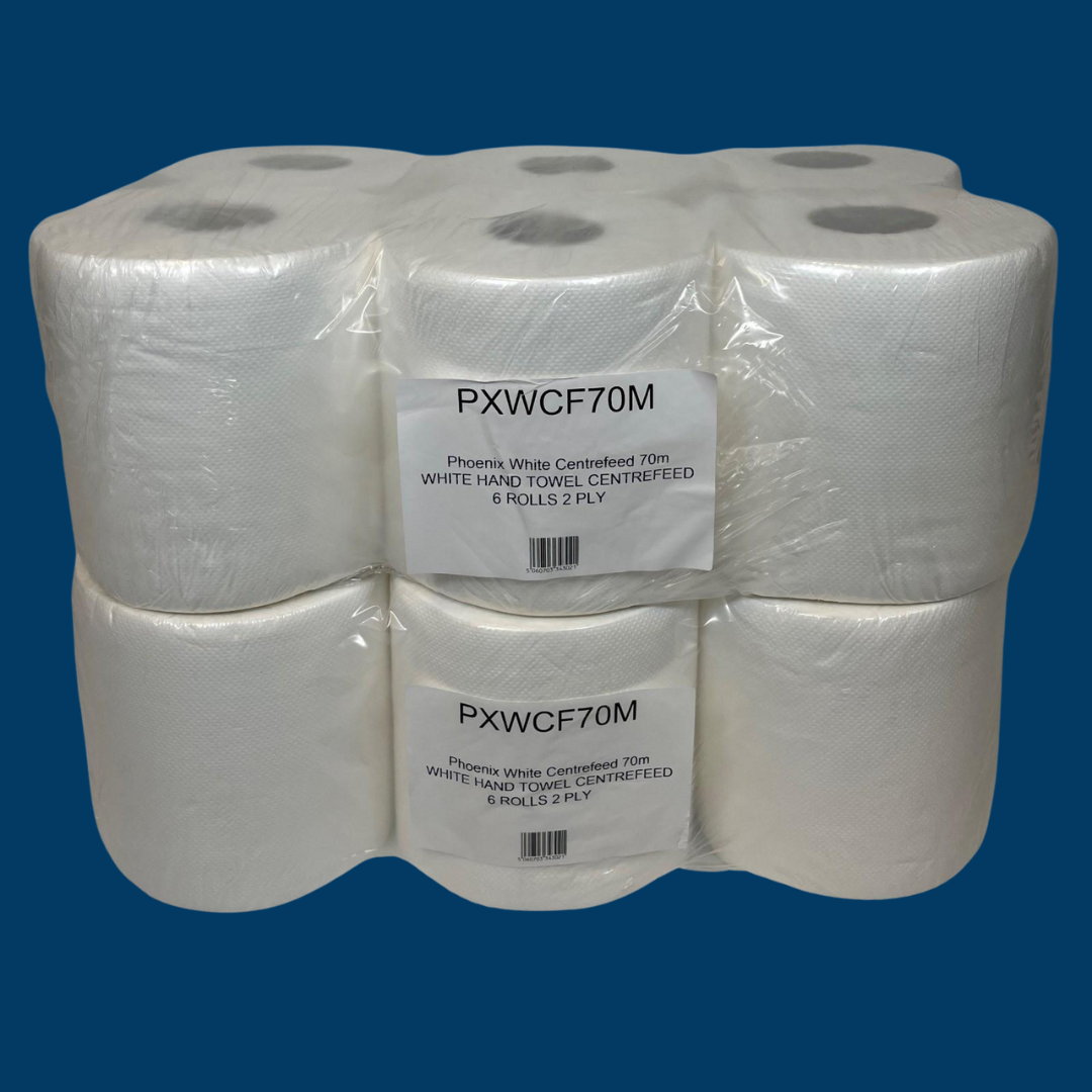 Phoenix 2-Ply White Centre Feed Paper Rolls | 12 Pack (70m, 400 Sheets per Roll)