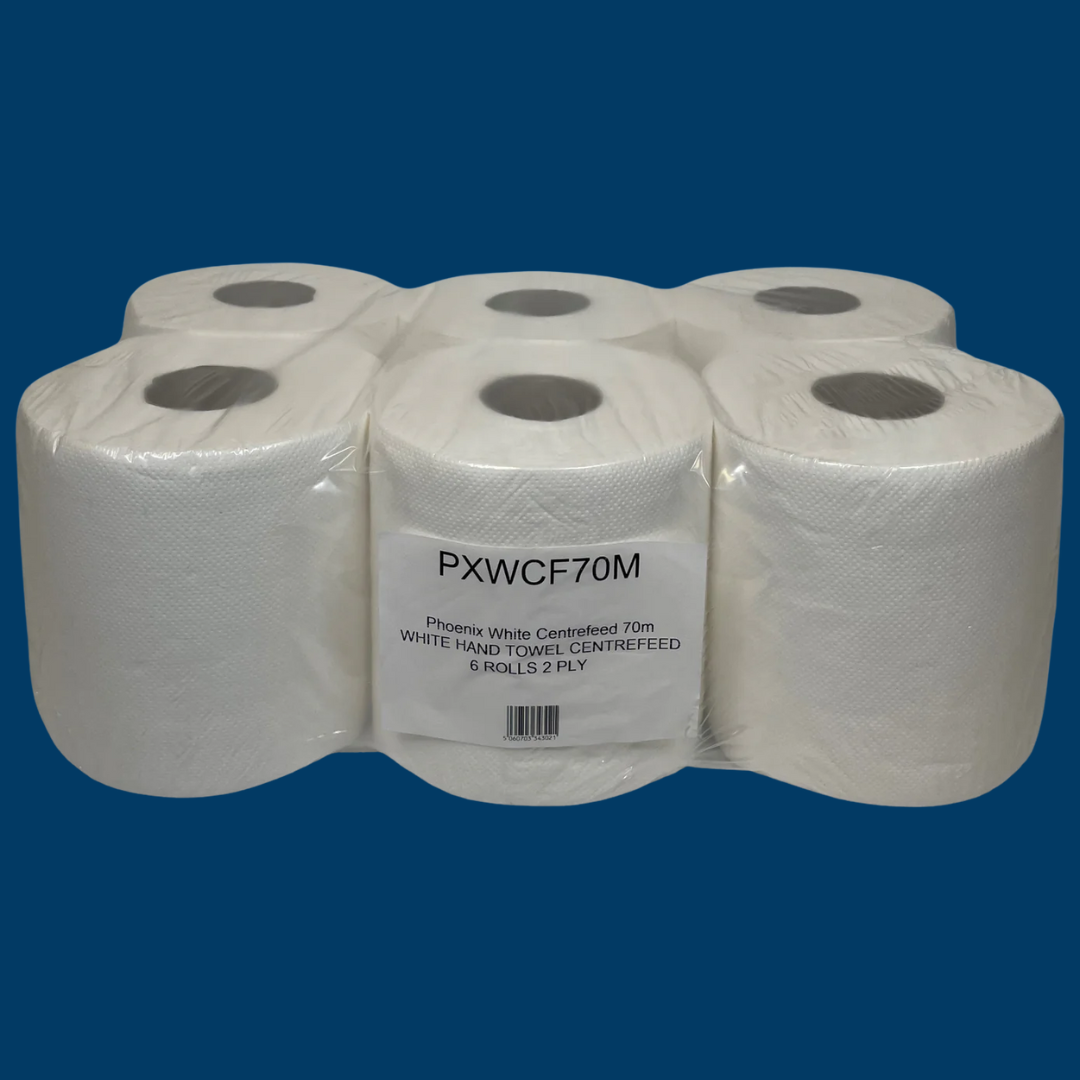 Phoenix 2-Ply White Centre Feed Paper Rolls | 6 Pack (70m, 400 Sheets per Roll)