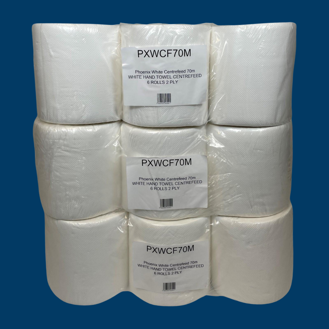 Phoenix 2-Ply White Centre Feed Paper Rolls | 18 Pack (70m, 400 Sheets per Roll)