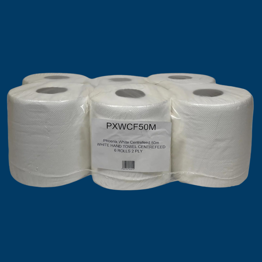 Phoenix 2-Ply White Centre Feed Paper Rolls | 6 Pack (50m, 250 Sheets per Roll)