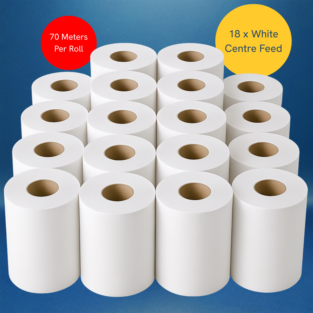 Phoenix 2-Ply White Centre Feed Paper Rolls | 18 Pack (70m, 400 Sheets per Roll)