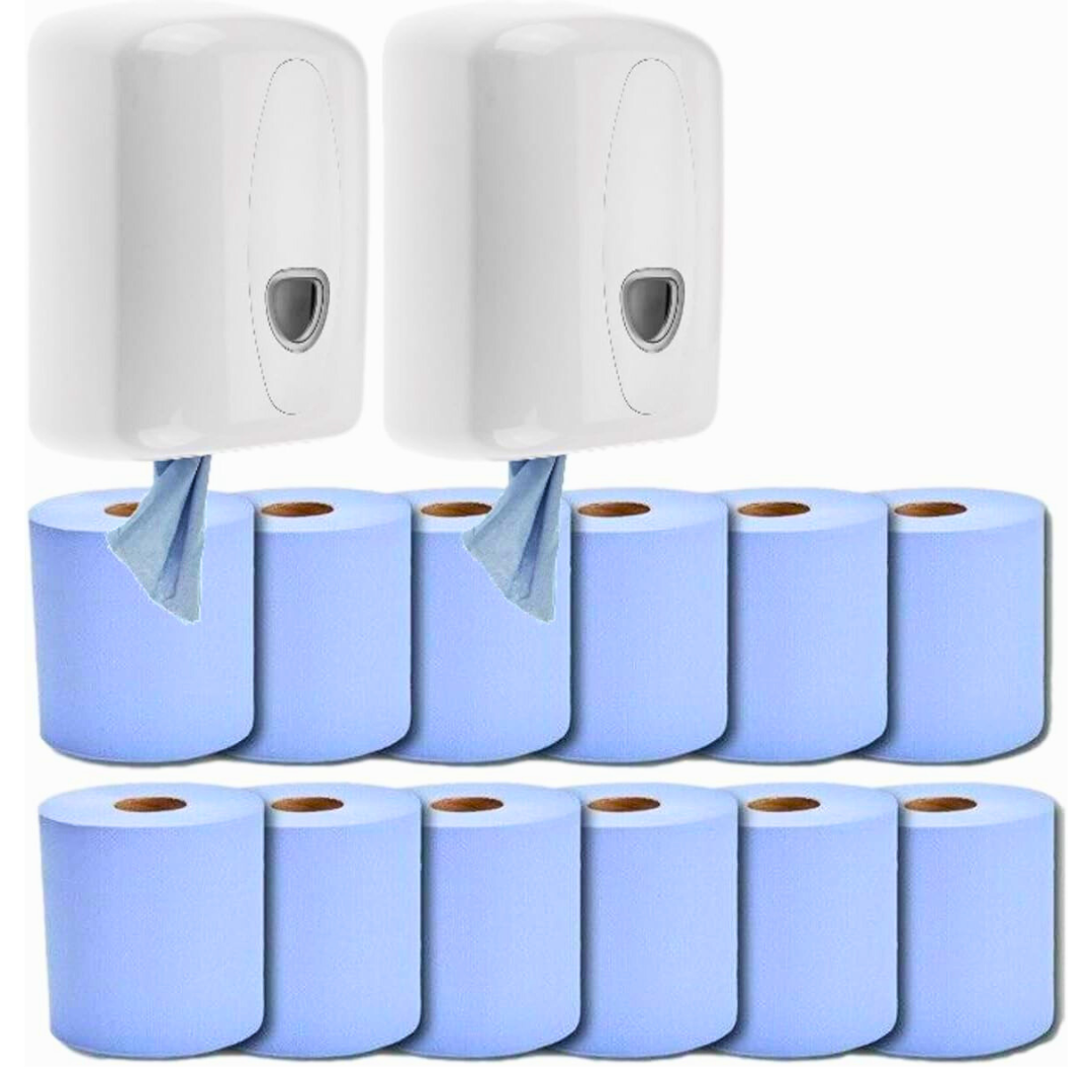 Phoenix 2 Centre Feed Dispensers with 12 Blue Rolls | Wall-Mounted Paper Towel Kit