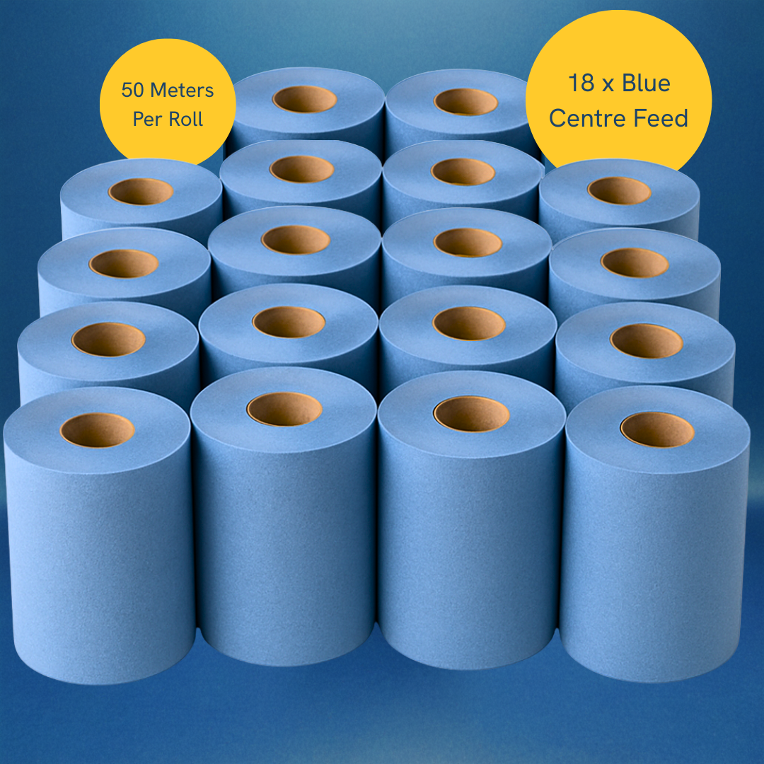 Phoenix 2-Ply Blue Centre Feed Rolls | 18 Pack 50m (250 Sheets Per Roll)