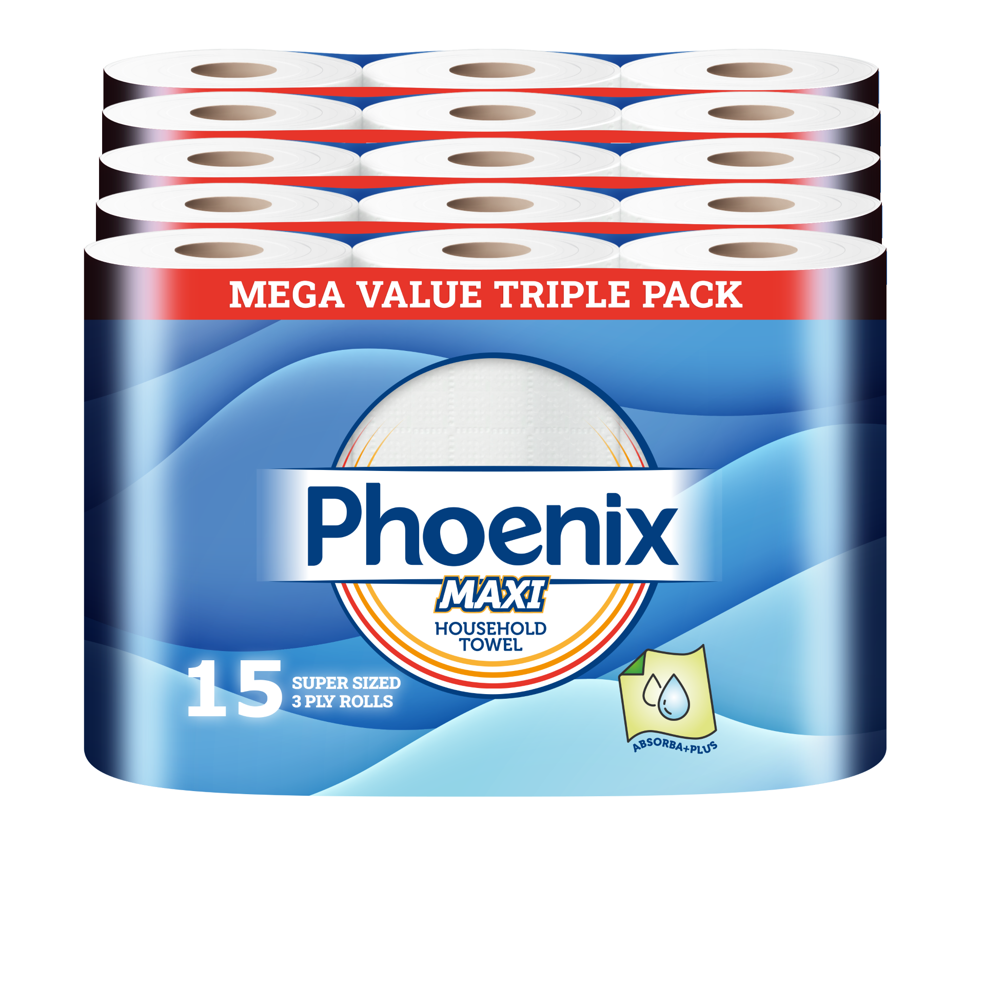 Phoenix MAXI 3-Ply Kitchen Towels | 15 Super-Sized Rolls – Ultra Absorbent, Strong & Long-Lasting