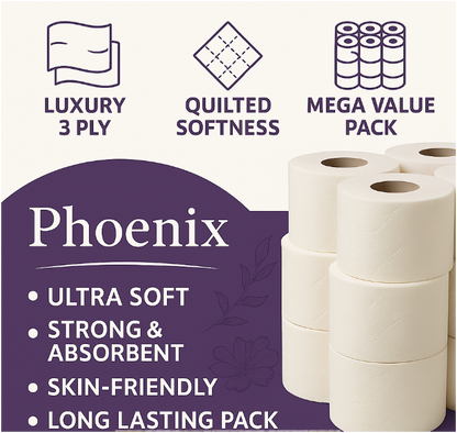 Phoenix Luxury 3-Ply Quilted Toilet Paper – 18 Roll Pack