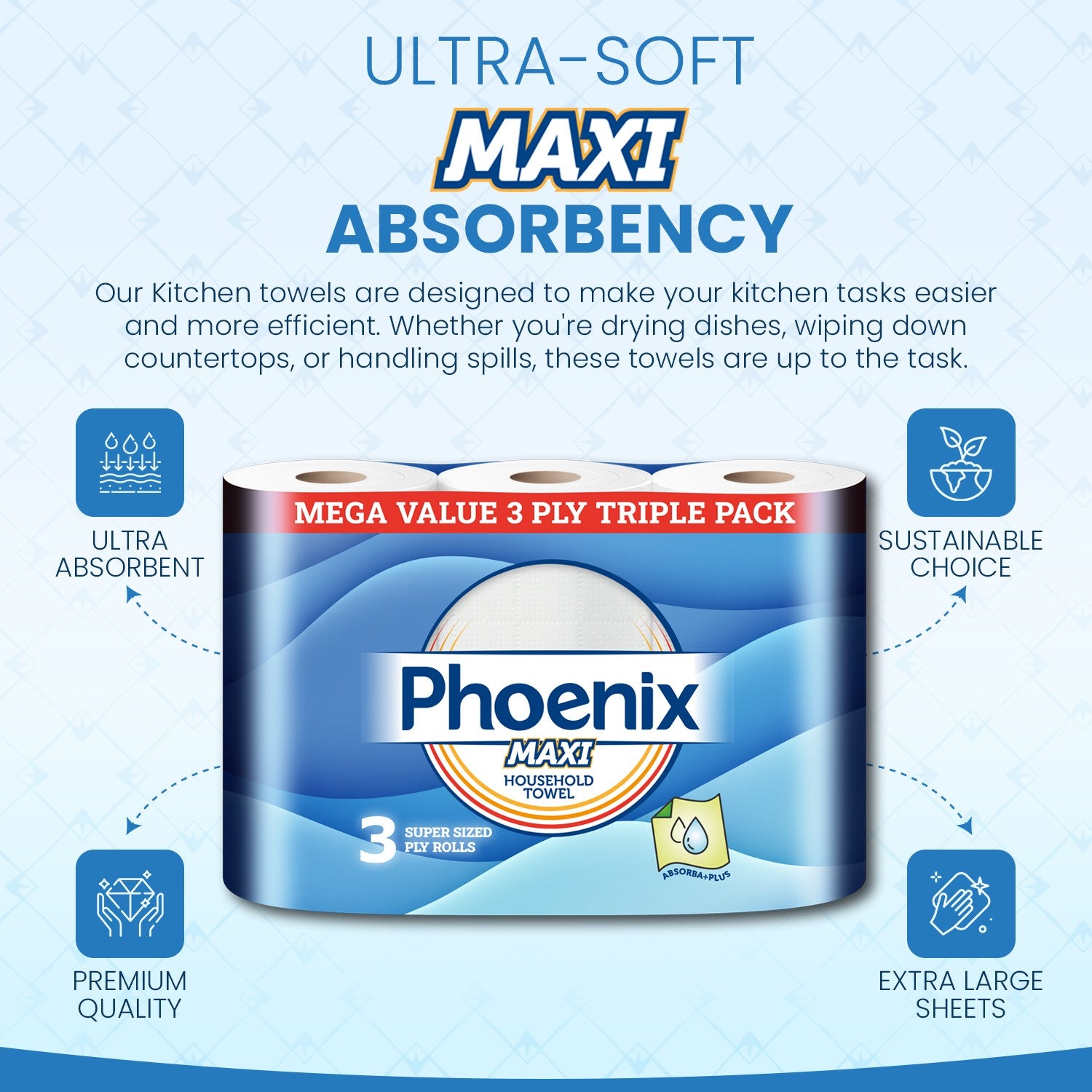 Phoenix MAXI 3-Ply Kitchen Towels | 15 Super-Sized Rolls – Ultra Absorbent, Strong & Long-Lasting