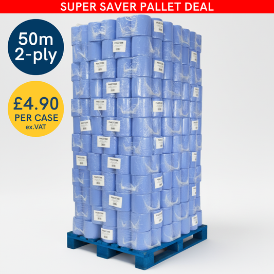 Phoenix Essentials – Wholesale Pallet Offer: 50m 2-Ply Blue Centrefeed Roll - 6 Rolls Per Case x 84 Cases