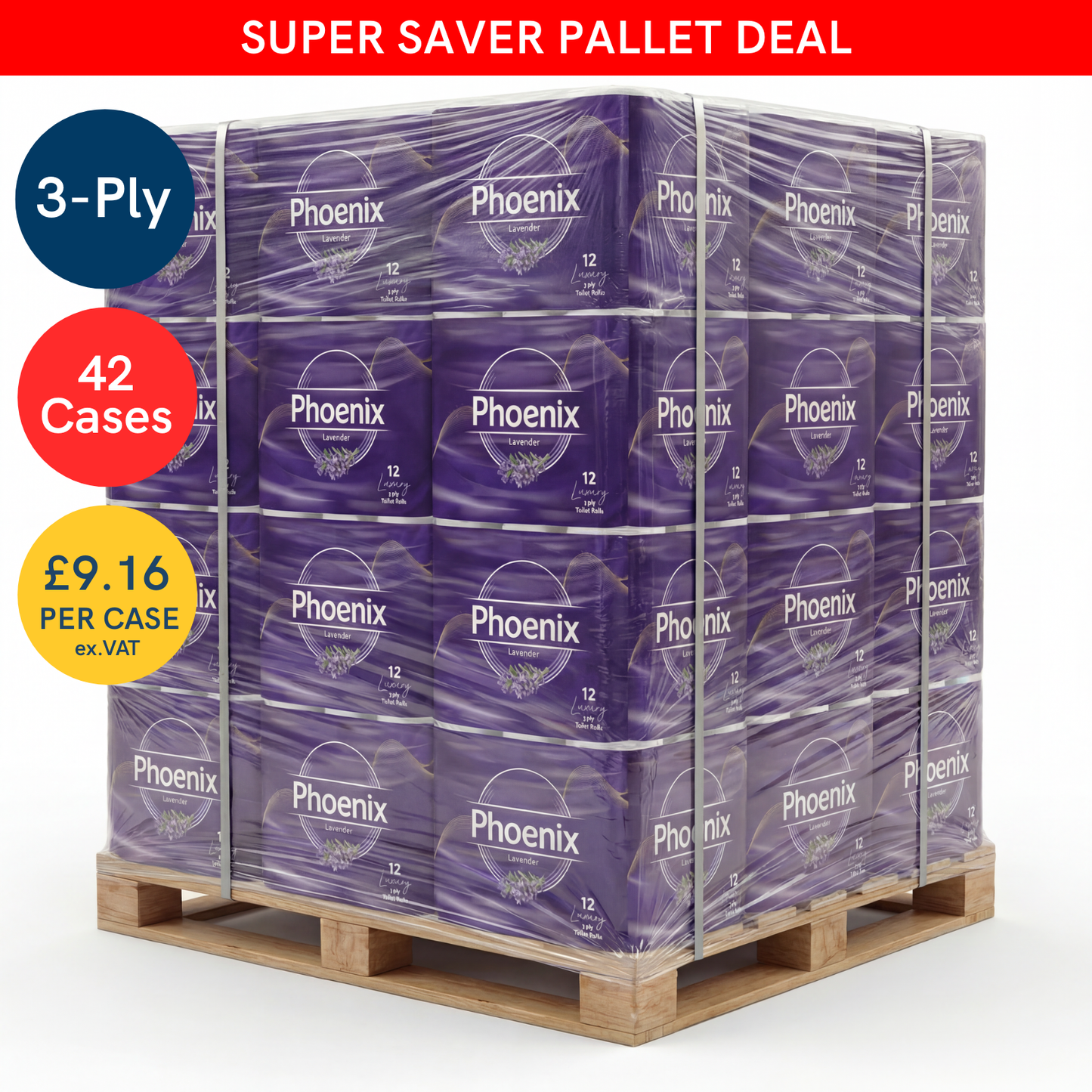 Pallet – Phoenix 3-Ply Lavender Toilet Rolls | 2,520 Rolls (12 Packs x 42 Cases)