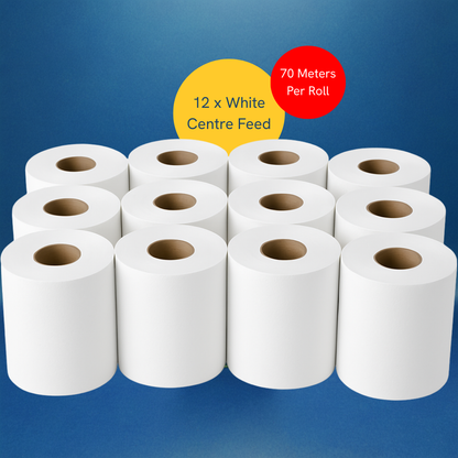 Phoenix 2-Ply White Centre Feed Paper Rolls | 12 Pack (70m, 400 Sheets per Roll)