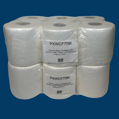 Phoenix 2-Ply White Centre Feed Paper Rolls | 12 Pack (70m, 400 Sheets per Roll)