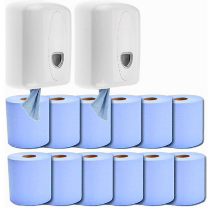 Phoenix 2 Centre Feed Dispensers with 12 Blue Rolls | Wall-Mounted Paper Towel Kit