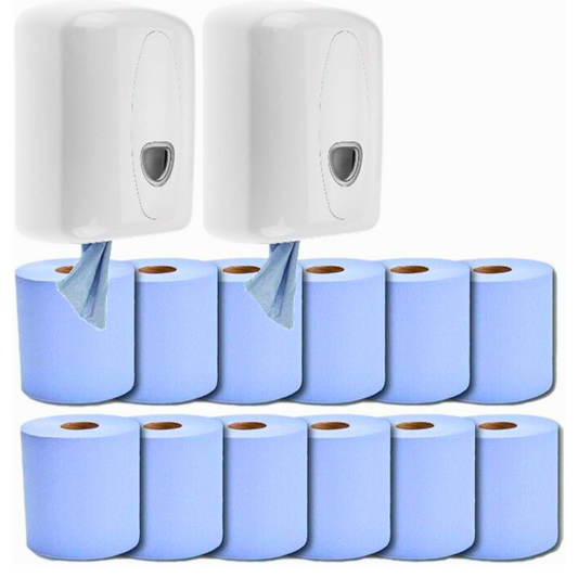Phoenix 2 Centre Feed Dispensers with 12 Blue Rolls | Wall-Mounted Paper Towel Kit