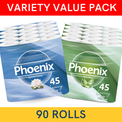 Phoenix 90 Rolls Quilted 3-Ply Toilet Tissue – Aloe Vera & Unscented Variety Pack