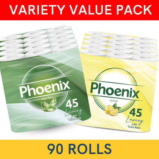 Phoenix 90 Rolls Quilted 3-Ply Toilet Tissue – Aloe Vera & Lemon Variety Pack