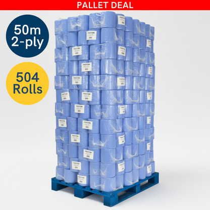 Phoenix Essentials – Wholesale Pallet Offer: 50m 2-Ply Blue Centrefeed Roll - 6 Rolls Per Case x 84 Cases