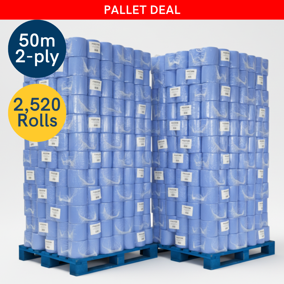 Phoenix Essentials – Wholesale 2 Pallet Offer: 50m 2-Ply Blue Centrefeed 6 Rolls Per Case x 168 Cases