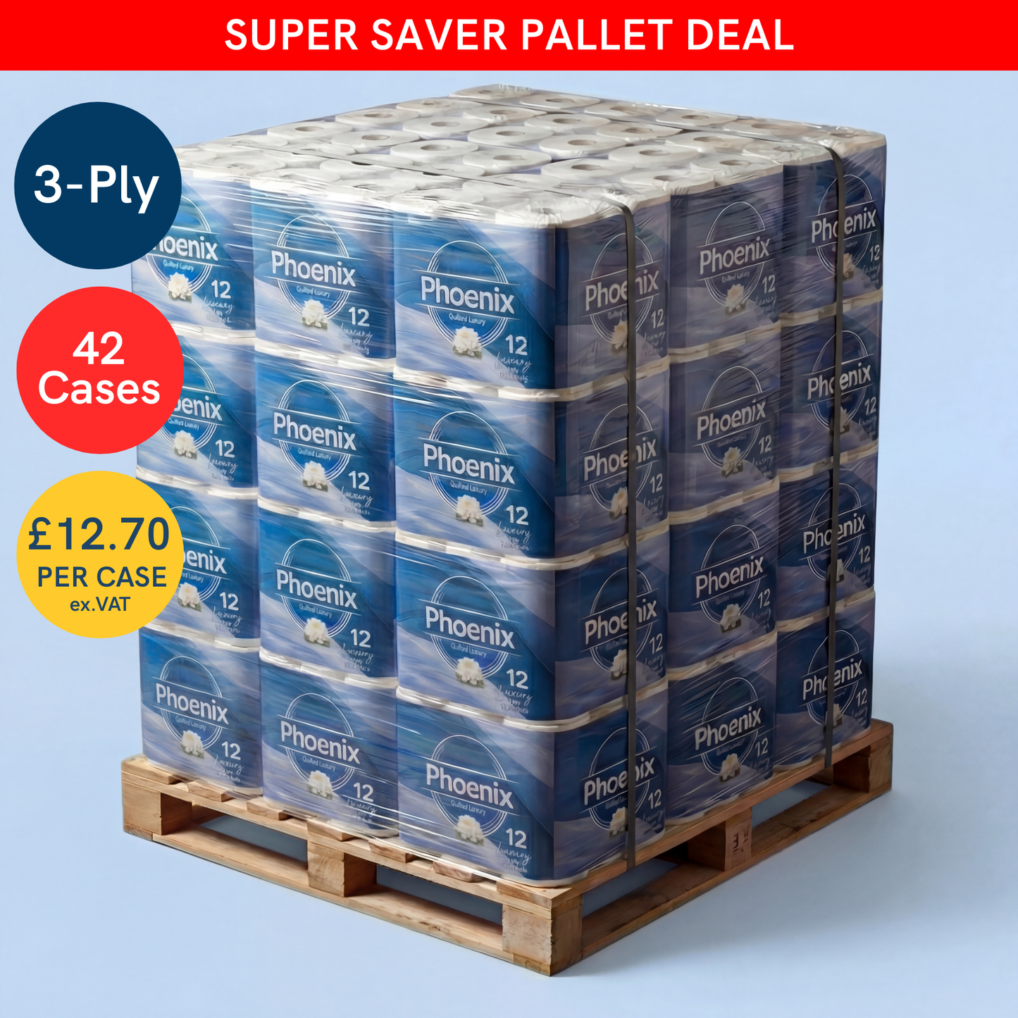 Pallet – Phoenix 3-Ply Non-Fragranced Toilet Rolls | 2,520 Rolls (12 Packs x 42 Cases)